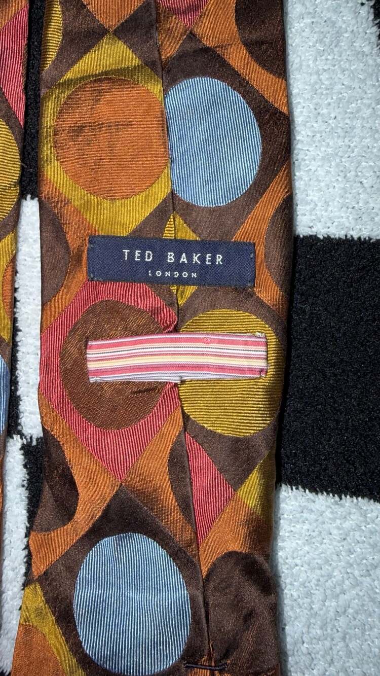 Ted Baker London Silk Necktie Geometric Circle Diamond Pattern Brown Orange Blue